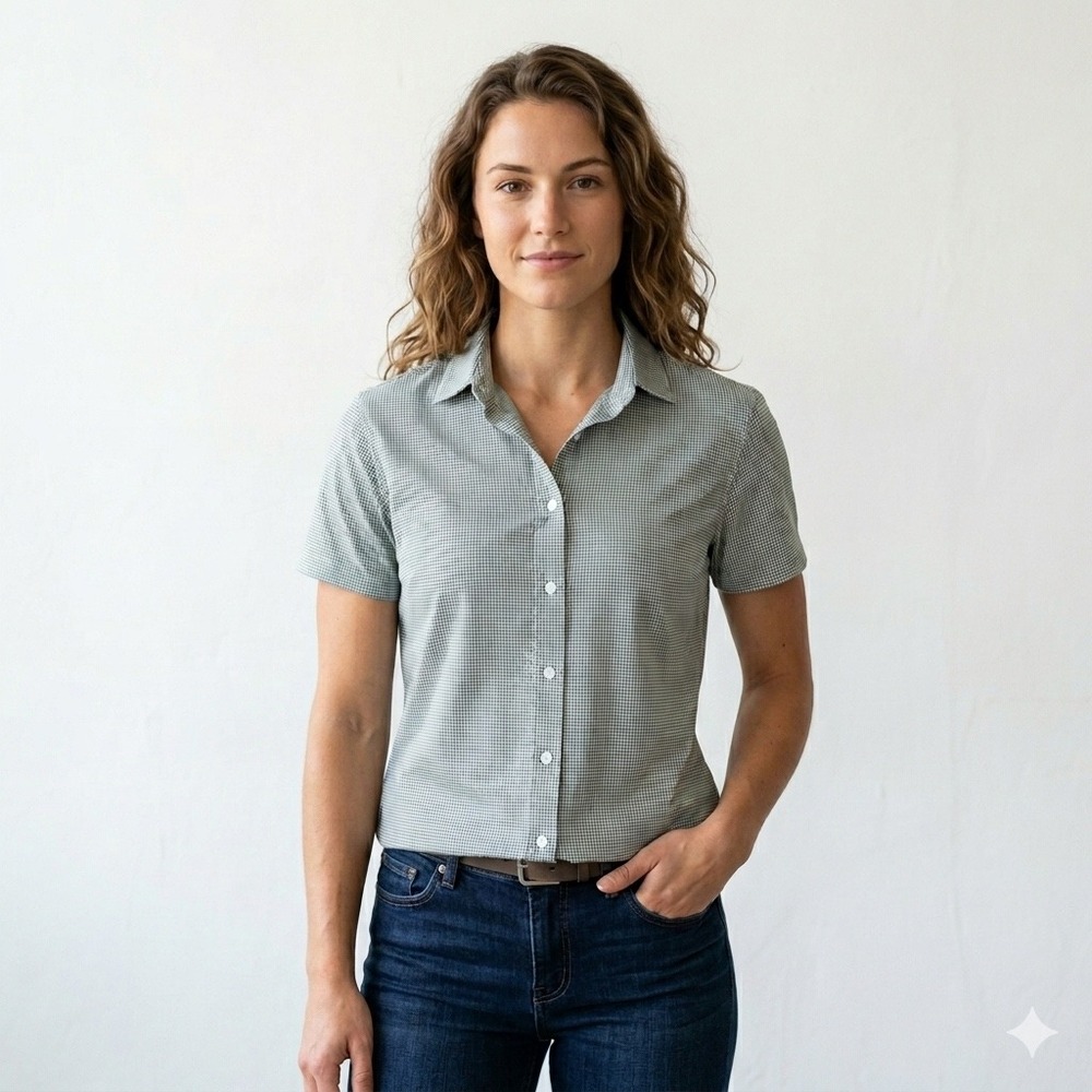 Kenneth Cole Techni-Cole Shirt women M Blue Stone NWT Gingham Knit Short Sleeve